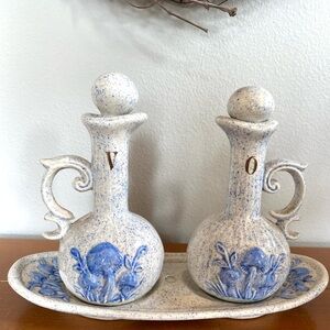 Vintage Blue and White Ceramic Oil and Vinegar Set